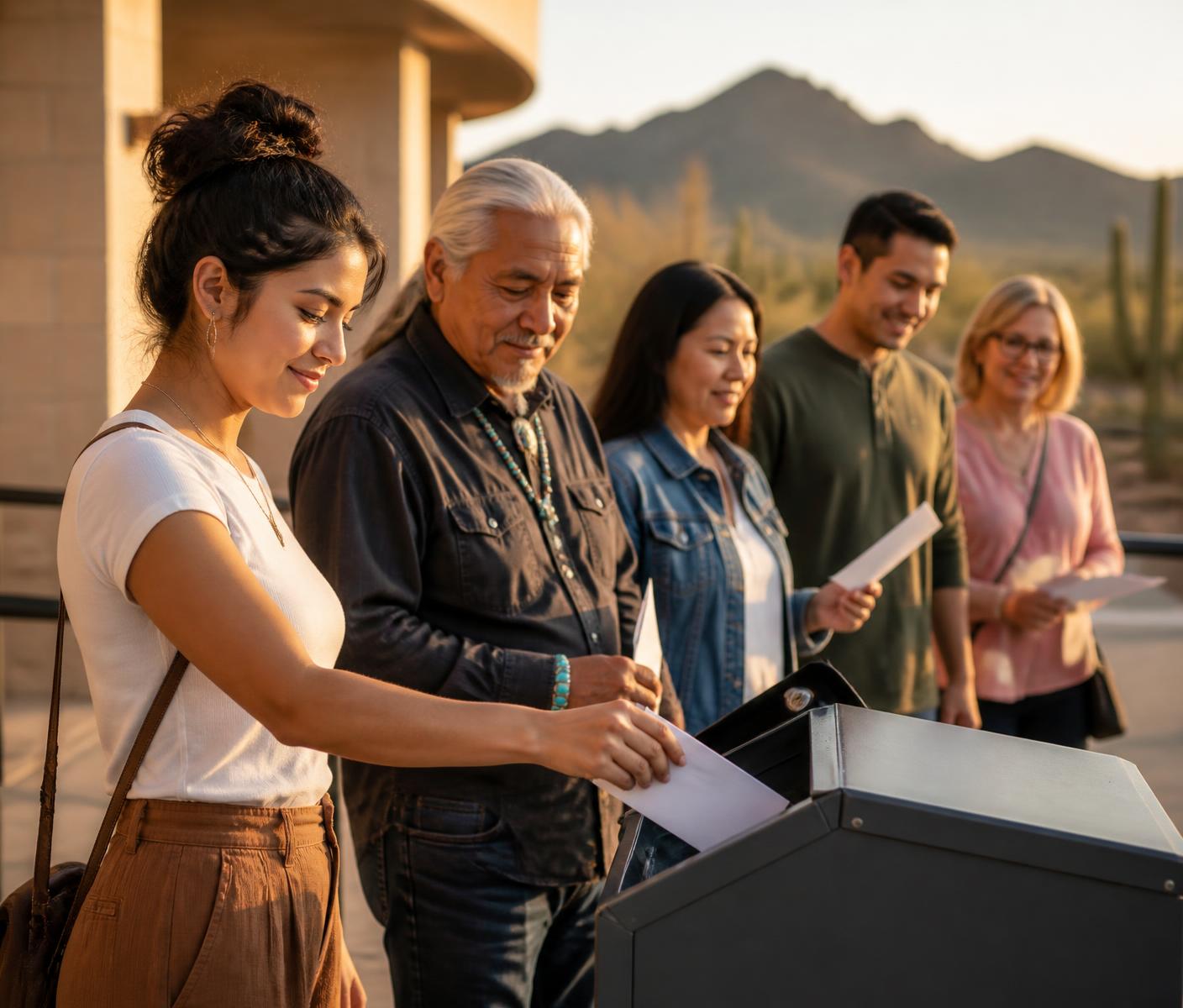 Arizona voters placing ballots into a secure ballot drop-off outside a civic building at golden hour