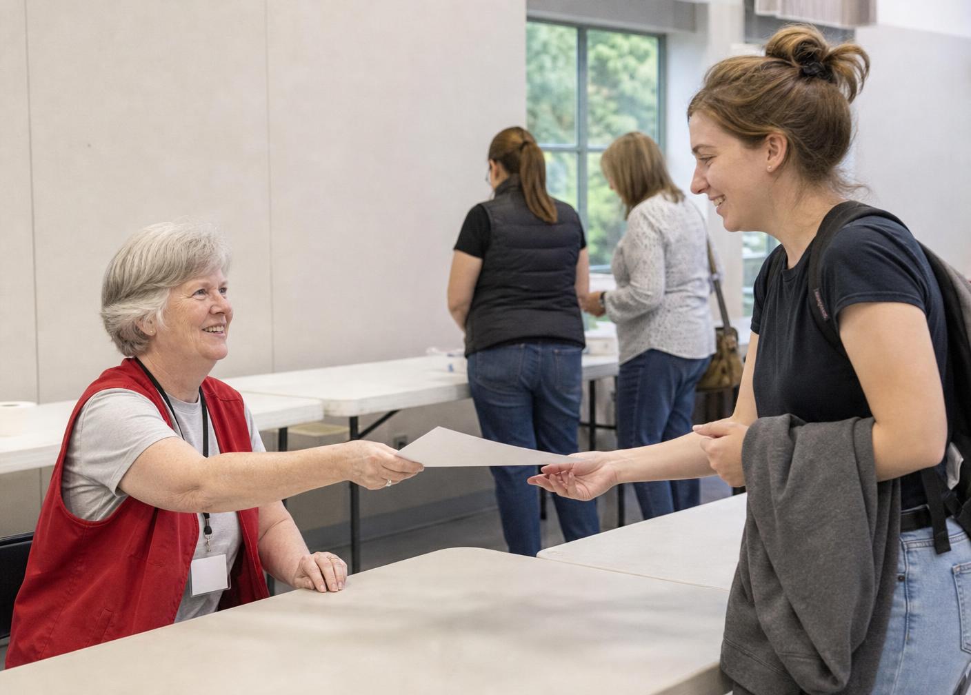 A poll worker handing a ballot to a young voter at an Arizona vote center