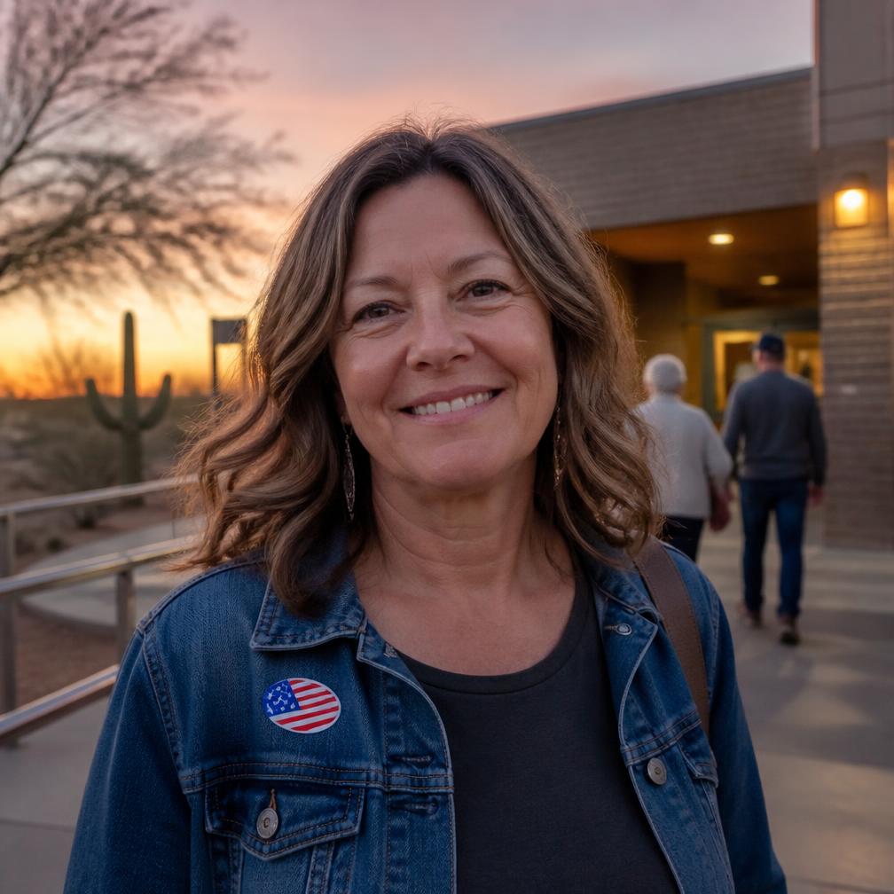 An Arizona voter wearing an I Voted sticker outside a polling place at dusk